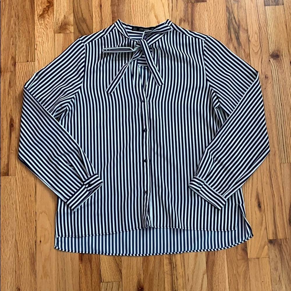 Navy and white striped blouse with pussy bow